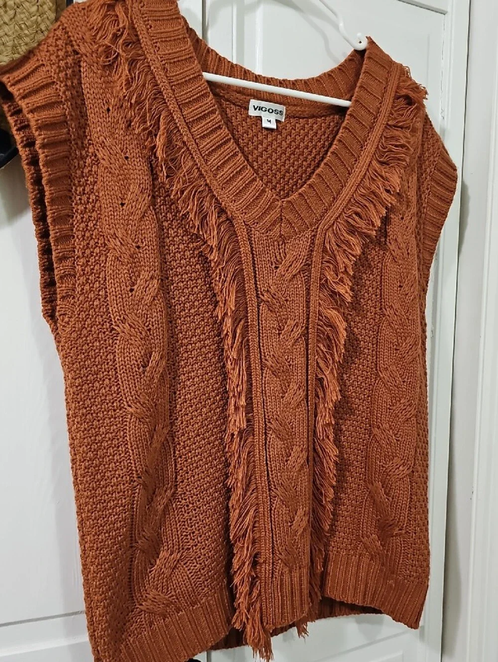 Vigoss Burnt Orange Fringe Cable V-Neck Sweater Vest